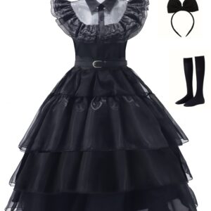 Gothic Cosplay Mesh Dress, Shirt Collar Tiered Goth Dress For Party, Women's Clothing