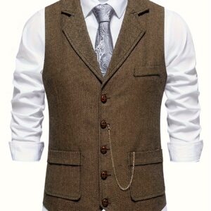 Men's Herringbone Tweed Single-Breasted Lapel Vest with Chain Detail - Stylish Brown Suit Vest for Business or Formal Occasions, Machine Washable, Stylish Layering Piece | Notched Lapel Design | Polyester Blend Vest