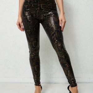 Women'S Plus Size High-Waist Snake Print Leggings - Stretchy Skinny Pants in Coffee Brown, Casual Style for Spring/Summer/Fall, Plus Size Leggings