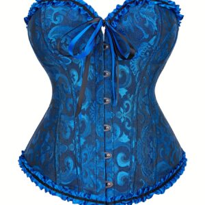 Women's Elegant Corset, Plus Size Jacquard Frill Trim Tie Front Lace Up Tummy Control Overbust Corset Top
