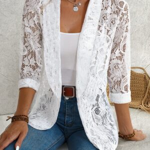 Floral Lace Lapel Blazer, Elegant Long Sleeve Open Front Outwear For Spring & Fall, Women's Clothing