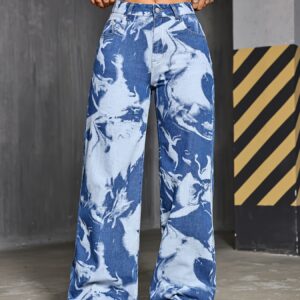 [Everyday Comfort] Women's Casual High-Waist Denim Jeans - Loose Fit, Random Print, Straight Leg, Mid-Rise, Button Closure, Comfortable Blend, Perfect for Casual Attire, Everyday Comfort Jeans|Midrise Jeans|Glossy Finish Pants