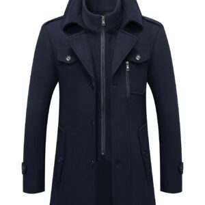 Men's Navy Blue Detachable Double-Breasted Trench Coat - Casual Wool Blend Overcoat with Zippered Pockets for Fall and Winter