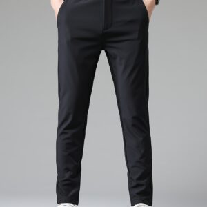 Men's Light Business Slim-Fit Stretch Casual Pants - Mid-Rise Straight Leg Trousers, Machine Washable Solid Black for Summer & All-Season Office & Casual Attire, Sleek Trouser Design, Comfortable Fit Trousers