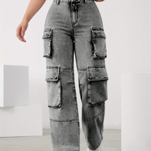Women's High-Waisted Cargo Denim Jeans - Loose Fit, Stretch Blend, Utility Pockets, Light Wash, Comfortable & Stylish for Casual Attire