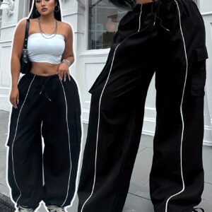 Women's Casual Cargo Jeans with Pockets - High-Rise, Loose Fit Denim in Solid Color, Non-Stretch Polyester Fabric for Fall/Winter, Bag, Workwear