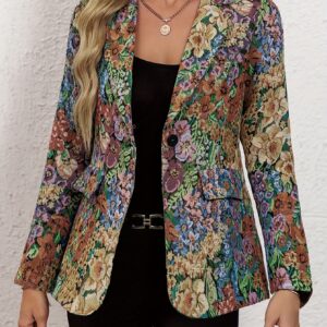 Vintage Floral Single Breasted Lapel Blazer, Elegant Long Sleeve Blazer For Work & Office, Women's Clothing