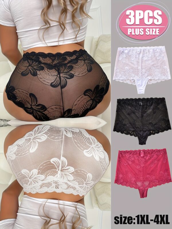 3pcs Plus Size Lace Thong Set for Women - High Stretch Comfort, Contrast Lace Detail, 1XL-4XL, White, Black, and Pink Options, Plus Size Lacewear | Lace Thong Set | Comfortable Fit, Plus Size Underwear