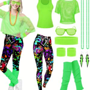 90s 80s Women'S Costume, Aerobic 80s Women'S Outfit, Featuring a Mesh Shirt, a Classic Off-Shoulder Mesh Shirt, 80s Women'S Carnival Attire, Neon 80s Accessories, And Themed Party Wear.
