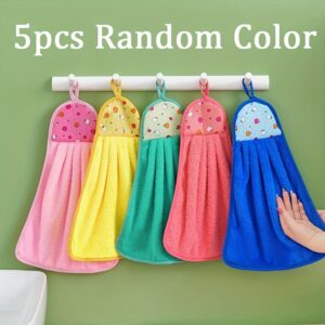 5pcs Quick-Dry Hanging Towels - Soft Absorbent Fruit Pattern Kitchen & Bath Towels with Hanging Loops, 5 Colorful Designs for Cleaning, Drying, Dishes, Hands - Space-Saving Decorative Cleaning Supplies, Quickdry Towels | Colorful Kitchen Decor | Functional Textile Design, Kitchen Towels