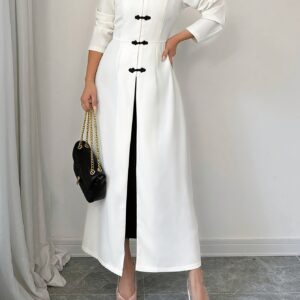 1pc Elegant Women'S Stand Collar Long Sleeve Tunic Coat with Contrast Button Details - Polyester Single-Breasted Solid Color Long Outerwear for All Seasons