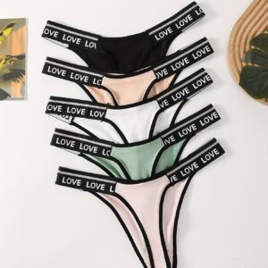 5-Pack Women'S Sexy Thong Panties, Breathable Comfortable Mid-Rise Lightweight Stretchy Polyamide 90% Elastane 10% Knit Fabric with Alphabet Pattern, 165gsm