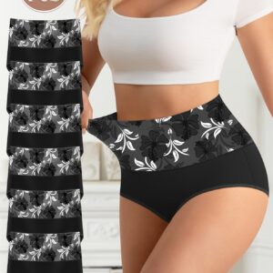 6pcs Plus Size Elegant Panties, Women's Floral Print High Waisted Soft & Comfort Briefs