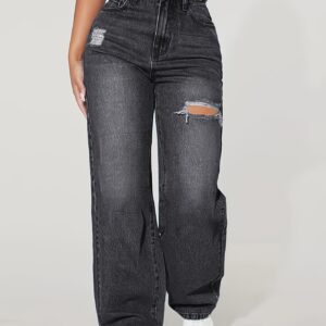 [Relaxed Fit] Women's High-Waist Distressed Straight-Leg Jeans - Comfortable Stretch Denim with Ripped Detail, Casual Style, Machine Washable - Dark Blue