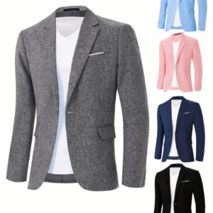 1pc Men'S Casual Business Blazer - Solid Color Polyester Work Jacket with Lapel Collar, Suit Sleeve, and Pocket Details - Non-Stretch Fabric, Regular Fit, Single Button Placket - All Seasons, Weekend Casual Wear