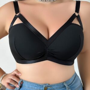 1pc Plus Size Women'S Sexy V-Neck Cut-Out Bralette, Polyester Knit Fabric, Medium Stretch, Solid Color, Collarless, Wire-Free, No Padding, Pullover Style