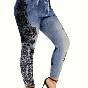 Women'S Plus Size Floral Print Stretchy Yoga Leggings with Faux Pockets - Elegant All-Season Base Layer, Stretchy Fabric, Medium Stretch, Plus Size Yoga Pants