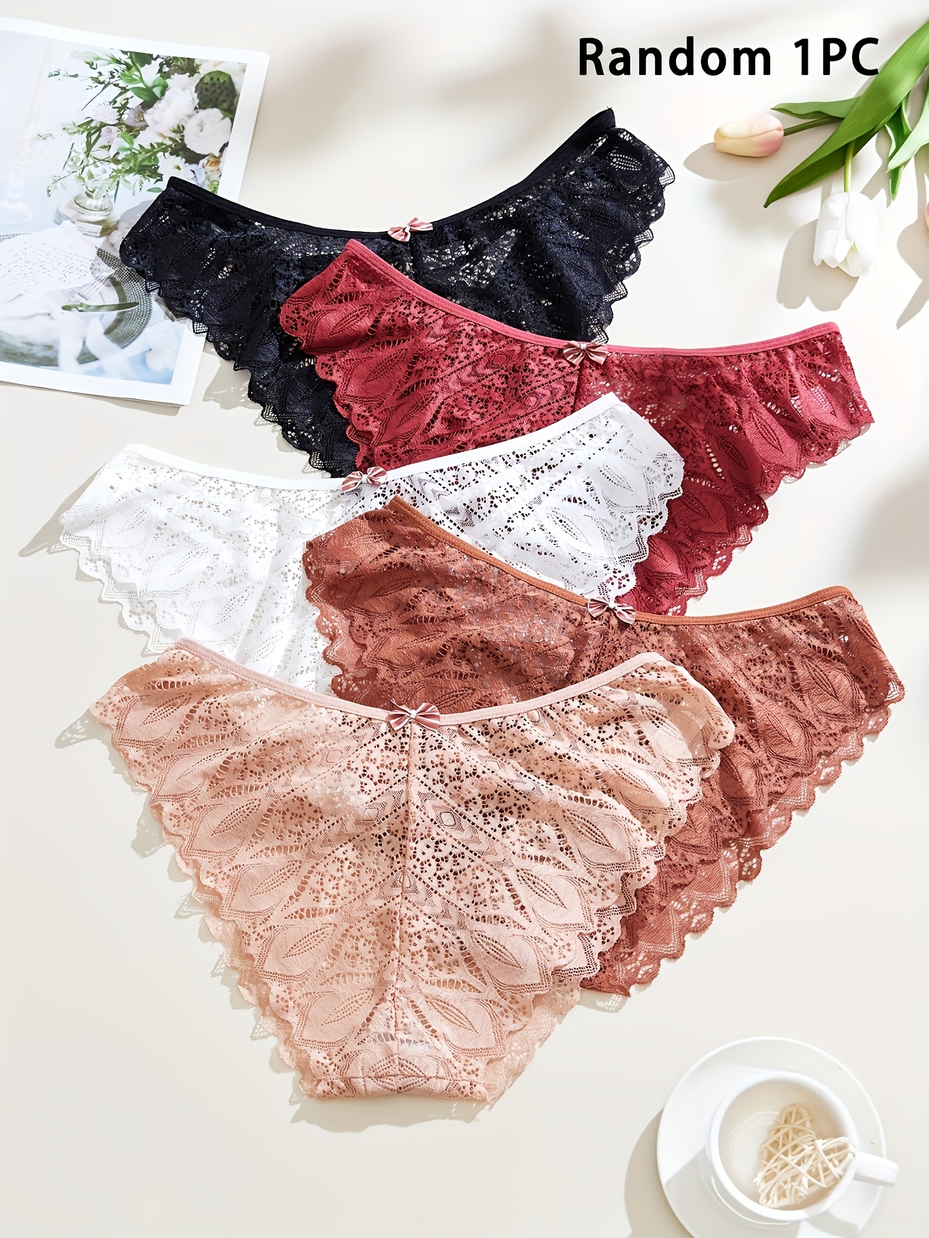 1-Pack Women's Plus Size Underwear - High Elasticity Breathable Lace Trim Sexy Cross-Over Detail Triangle Cut Random Color (Black/Red/White/Pink) - Soft Stretch Comfort for Casual Attire, Plus Size Lingerie, Elegant Lingerie Style, Highelasticity Fabric