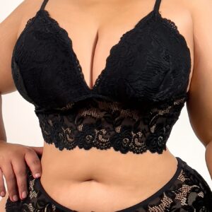Plus Size Sexy V-Neck Floral Lace Bralette - No Wire, Stretchy Fabric, Contrast Lace Detail, Pullover Style, Perfect for Intimate Wear, Plus Size Bralette | Floral Lace Design | Comfortable Fit, Plus Size Bra