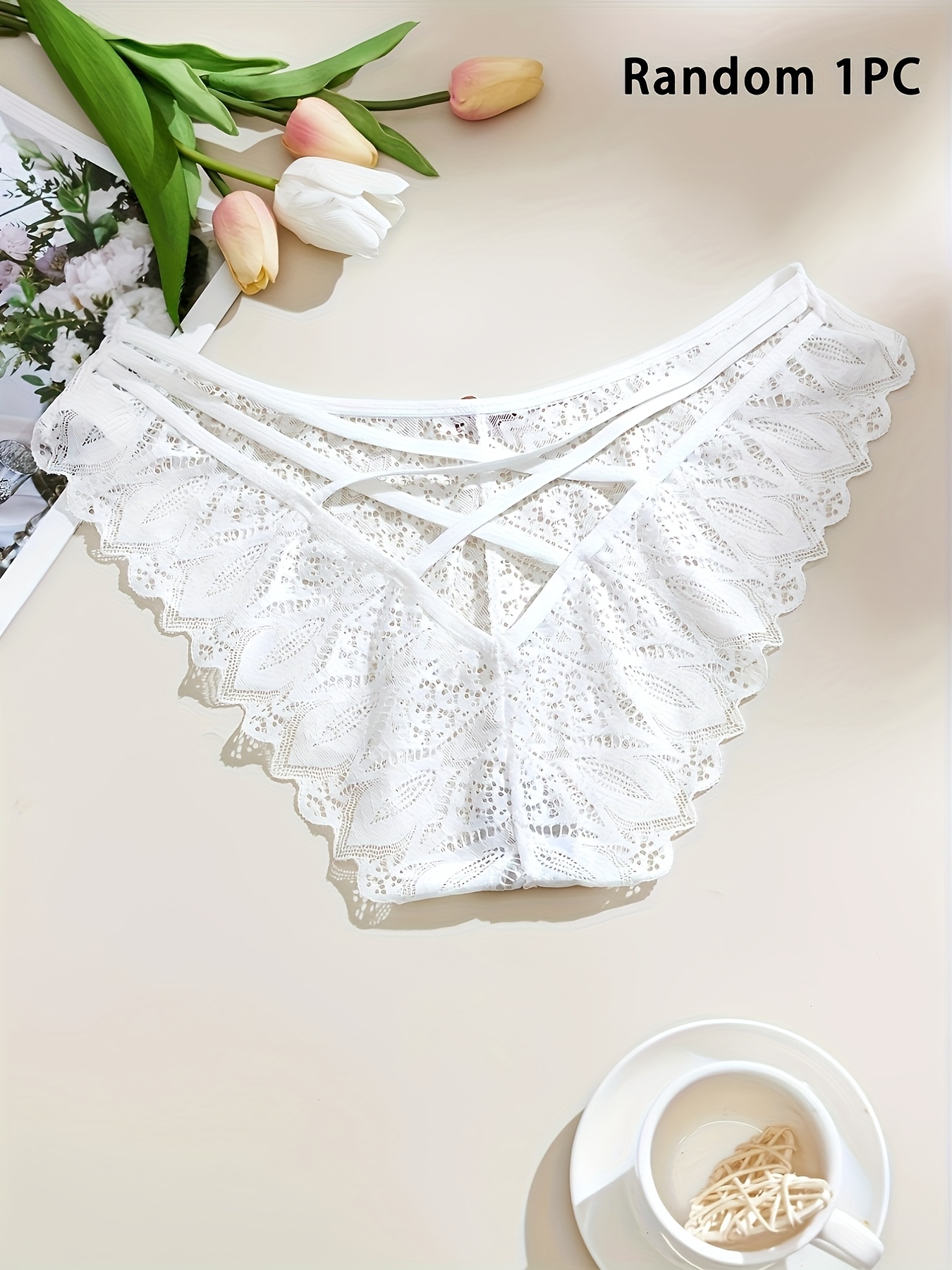 1-Pack Women's Plus Size Underwear - High Elasticity Breathable Lace Trim Sexy Cross-Over Detail Triangle Cut Random Color (Black/Red/White/Pink) - Soft Stretch Comfort for Casual Attire, Plus Size Lingerie, Elegant Lingerie Style, Highelasticity Fabric - Image 4