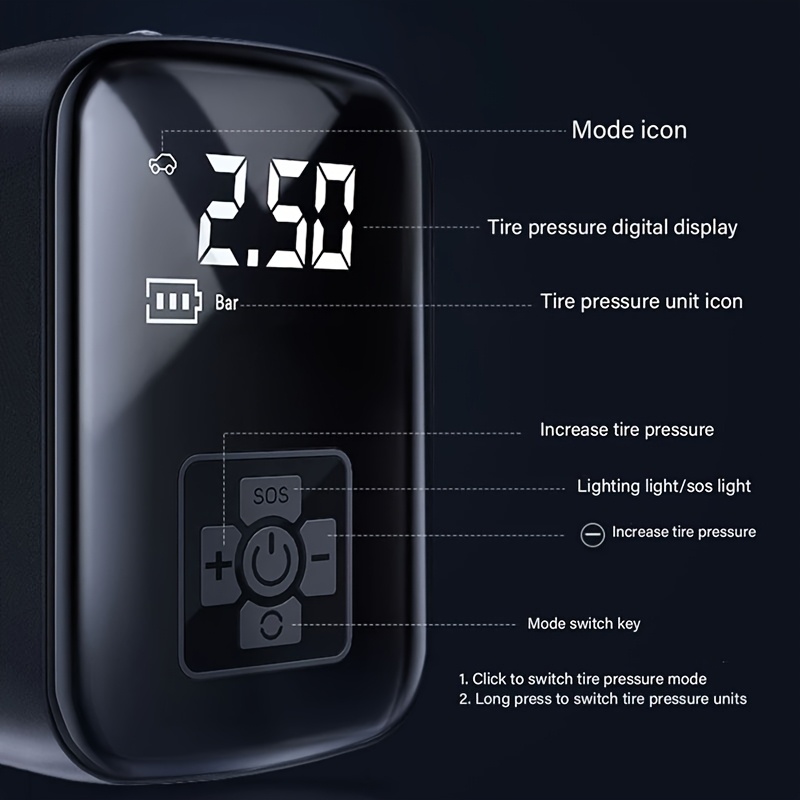 Ultra-Fast 150PSI Cordless Tire Inflator with LED Light & Digital Display - Portable Air Compressor for Car, Motorcycle, Bicycle & Sports Ball Pumps, Durable ABS Material, Rechargeable 18650 Lithium Battery, USB Type-C Cable Included, Quick Inflation System for Vehicles, Portable Tire Inflato - Image 6