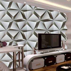 1 Roll of Grey 3D Geometric Self-Adhesive Vinyl Wallpaper, Detachable Shapes and Stripes Wall Covering, Waterproof and Stain-Resistant Wall Decor for Home Renovation and Live Streaming Background