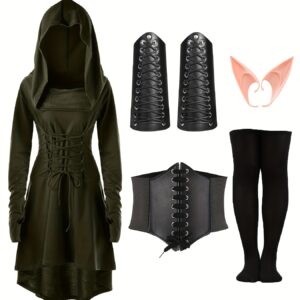 5pcs, Women Medieval Renaissance Costume Hooded Dress Long Sleeve Gothic Clothing Carnival Costume Elves Cosplay Robe with Elf Ears Corset Overknee Socks Arm Protector