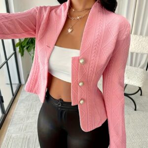Solid Color Button Front Jacket, Elegant Long Sleeve Textured Slim Jacket For Spring & Fall, Women's Clothing