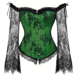 Women'S Vintage Green Corset Top with Lace Sleeves - Off-the-Shoulder, Lace-Up Bodice, Tummy Control Shapewear, Non-Stretch Fabric, Adult Lingerie, Shapewear Corset|Vintage Corset Top|Laceup Detail