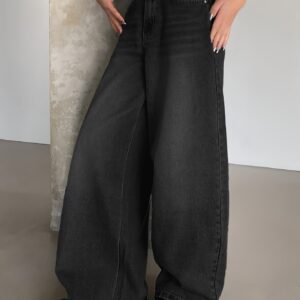 Women's Vintage Washed Blue Denim Wide Leg Jeans, Oversized Floor-Length Casual Pants With Distressed Detail, Loose Fit Fashionable Streetwear