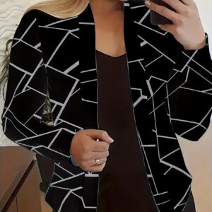 Geo Print Open Front Blazer, Casual Long Sleeve Outwear, Women's Clothing