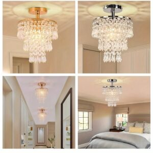 Elegant 1pc Modern Mini Crystal Chandelier - 3-Tier Raindrop Design, Adjustable Metal Ceiling Light for Bedroom, Living Room, Hallway - Semi-Flush Mount, for Switch Control, Crystal Embellished (Light Source Not Included), Ceiling Light for Living Room