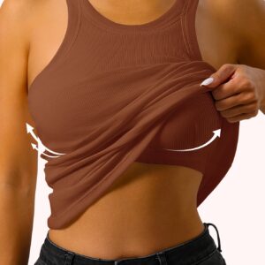 Solid Color Ribbed Casual Round Neck Sports Tank Top With Built-in Bra, Sleeveless Running Fitness CVest Top, Women's Activewear