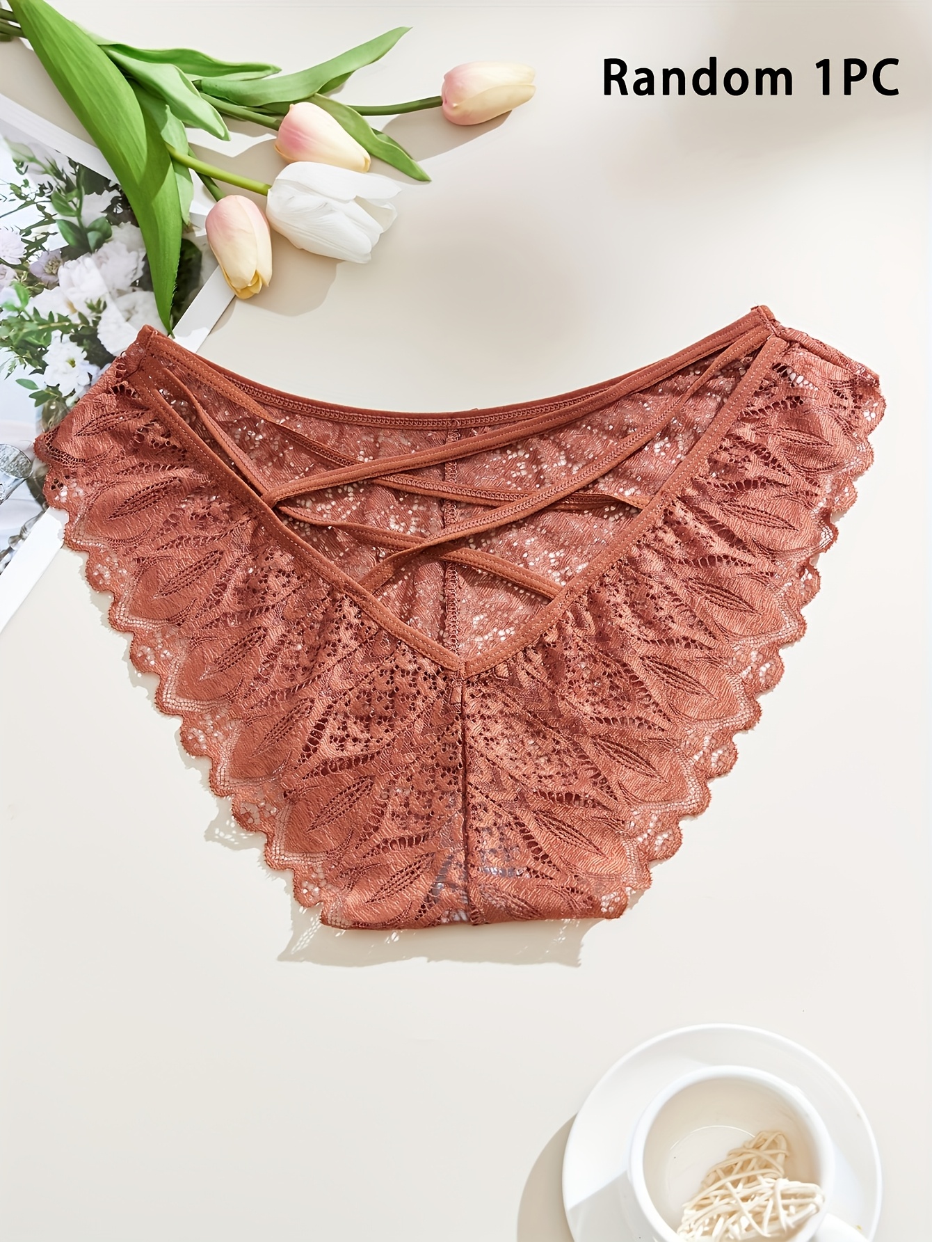 1-Pack Women's Plus Size Underwear - High Elasticity Breathable Lace Trim Sexy Cross-Over Detail Triangle Cut Random Color (Black/Red/White/Pink) - Soft Stretch Comfort for Casual Attire, Plus Size Lingerie, Elegant Lingerie Style, Highelasticity Fabric - Image 3