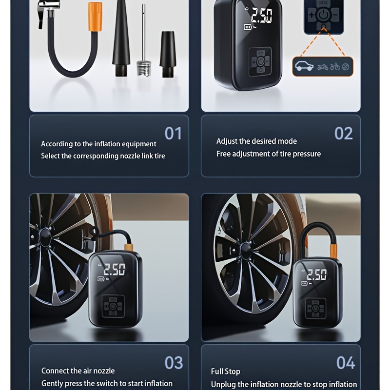 Ultra-Fast 150PSI Cordless Tire Inflator with LED Light & Digital Display - Portable Air Compressor for Car, Motorcycle, Bicycle & Sports Ball Pumps, Durable ABS Material, Rechargeable 18650 Lithium Battery, USB Type-C Cable Included, Quick Inflation System for Vehicles, Portable Tire Inflato - Image 10