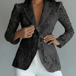 Elegant Black Lace Single-Breasted Blazer with Flap Collar - Polyester, Long Sleeve, Spring/Summer Fashion, No Belt, Stylish Women'S Blazer|Flap Collar Blazer|Polyester Blazer