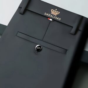 Men's High Elasticity Wrinkle-Resistant Straight-Leg Dress Pants - All-Season Machine Washable Business Casual Trousers with Crown & Dahlia Design, High Waist, Button & Zipper Closure, Professional Wear, Classic Style, Quality Craftsmanship, Stylish Men