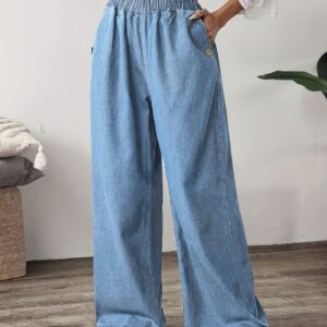 Women's Elegant Straight-Leg Jeans with Elastic Waistband - Casual Denim Pants, Machine Washable, Non-See-Through