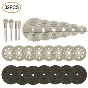 32pcs Mini Rotary Tool Kit for Marble, Tile, Plastic, Wood, Stone Pipe and Glass Wheels, includes 10 resin disks, 10 diamond wheels and 6 saw blades