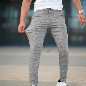 Men's Elegant Gray Plaid Slim-Fit Pants with Pockets - Breathable Viscose Blend, Stretch Fabric for Comfort, Ideal for Casual & Outdoor Activities, All-Season Wear