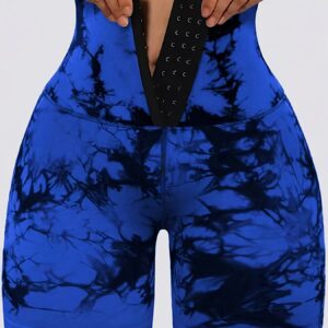 Women's High-Waist Tummy Control Shorts with Double-Breasted Closure, Print Design, Stretchy & Lifting, Blue Marbled Pattern, Front Pockets, Casual Style, Everyday Fashion | Highwaist Leggings | Stretchy Fabric, High Waisted Shorts