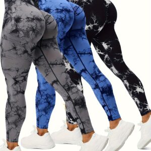 3pcs Women's High-Waisted Seamless Leggings - 4-Way Stretch Quick-Dry Yoga Pants with Tie-Dye Marble Print, Side Stripe Detailing & Slim-Fit for Gym, Casual & All-Season Wear, Fitness Apparel, Stylish Workout Clothes