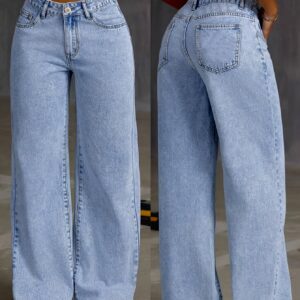 Women'S High Waist Wide Leg Jeans, Casual Denim Boot Cut Pants with Button Fly, All-Season Solid Color, Slight Stretch Fabric, 70% 27% Polyester 2% Spandex, Long Length - Washed Finish