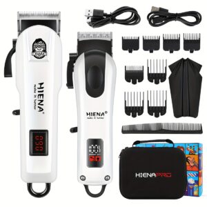 HIENA Electric Hair Clipper White Trimmer Set USB Rechargeable Cordless Hair Cutter with Storage Bag and Comb Professional LCD Display Barber Clippers for Men's Grooming Gift