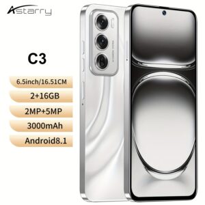 ASTARRY C3 Smartphone, 6.5-inch IPS Display, 2GB RAM, 16GB ROM, 4-Core Processor, 3G, Dual SIM, 2MP Front Camera, 5MP Rear Camera, 3000mAh Battery, Android 8.1, USB Type-C, Wi-Fi, 720p Video, 720x1280 Resolution, Touchscreen, Unlocked - 2024 Model Year
