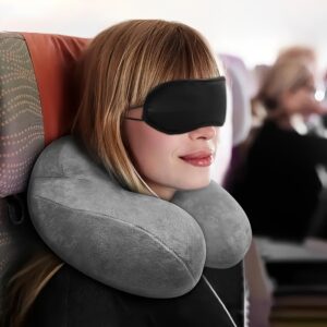 1pc Ergonomic Inflatable Travel Neck Pillow with Earplugs & Eye Mask - Soft Velvet Material, Neck Support, Cervical Spine Relaxation, Ideal for Airplanes, Cars, Offices & Camping, Sleeping Pillow, Space-Saving Design, Travel Comfort|Ergonomic Neck Pillow|Velvet Texture