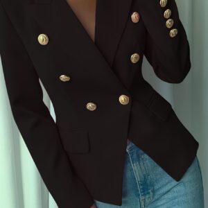 Women's Elegant Pink Double-Breasted Blazer - Polyester, Long Sleeve, Lapel Collar with Golden Buttons, Stylish Work Office Jacket