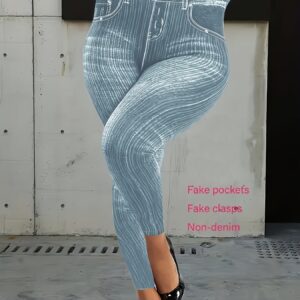 Plus Size Women's High-Waisted Tight-Fitting Leggings with All-Over Vertical Stripe Print - Stretchy Non-See-Through Fabric, Faux Pockets, Machine Washable for Year-Round Casual & Formal Wear, High Waisted Leggings, Formal Attire Leggings, Faux Pocket Design