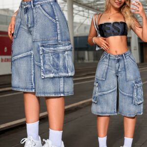 Women's Vintage Low-Rise Wide-Leg Jeans - Relaxed Fit 3/4 Length Denim Pants with Multiple Pockets, Machine Washable Casual Retro Style for All-Season Wear, Ladies Jeans