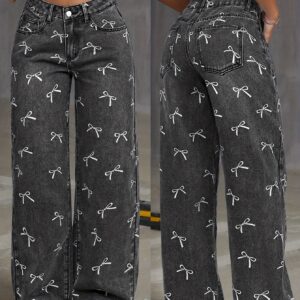 Printed Women's gray wide leg jeans